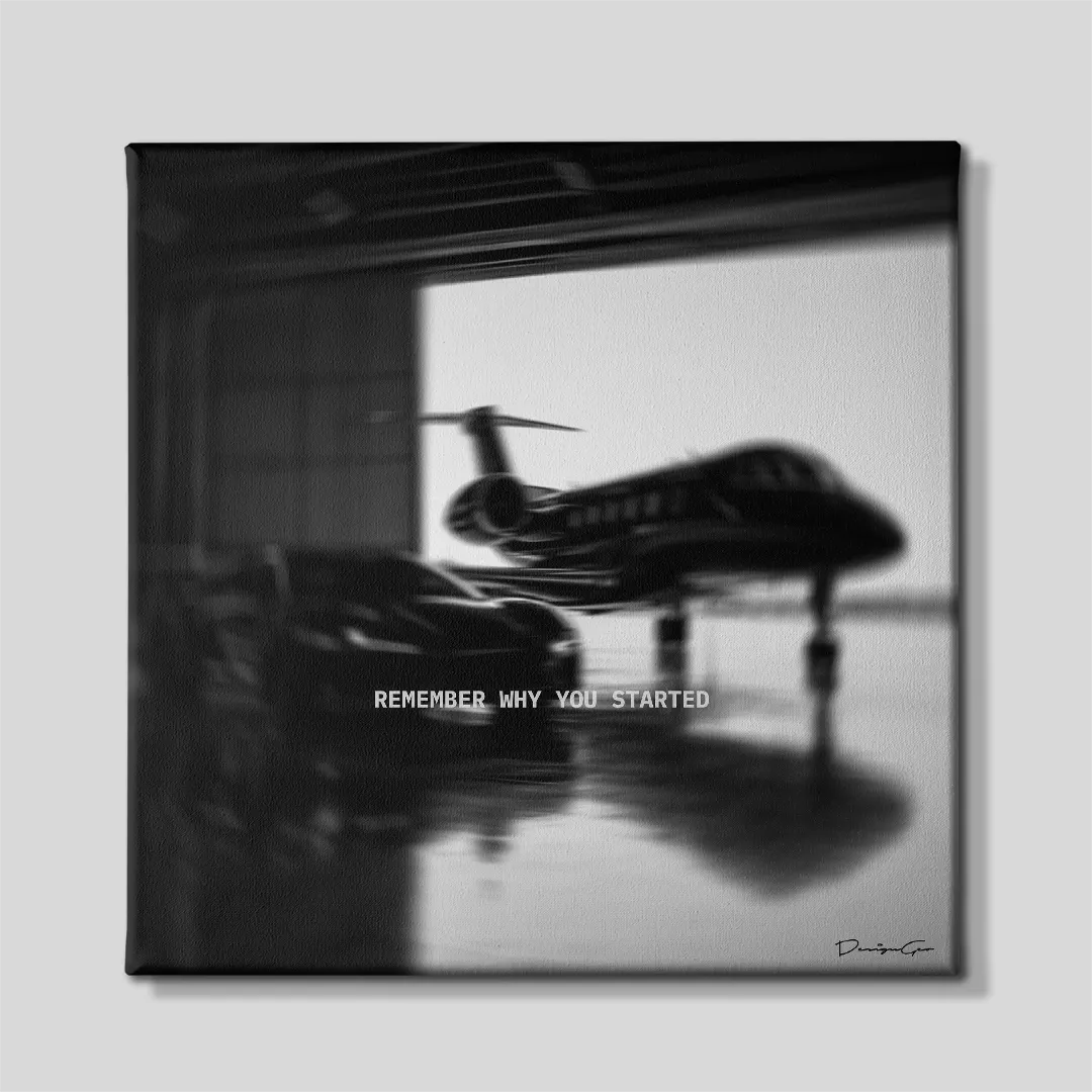 Remember Why You Started private jet and supercar hangar front view square motivational canvas wall art 0.75 inch thin wrap