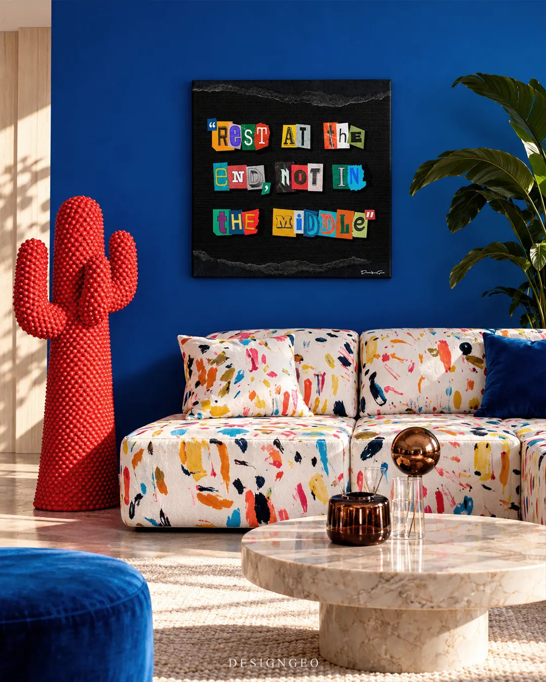 Ransom note cutout letters quote Rest At The End Not In The Middle square canvas wall art displayed on a cobalt blue wall above a paint splatter sofa 0.75 inch thin wrap