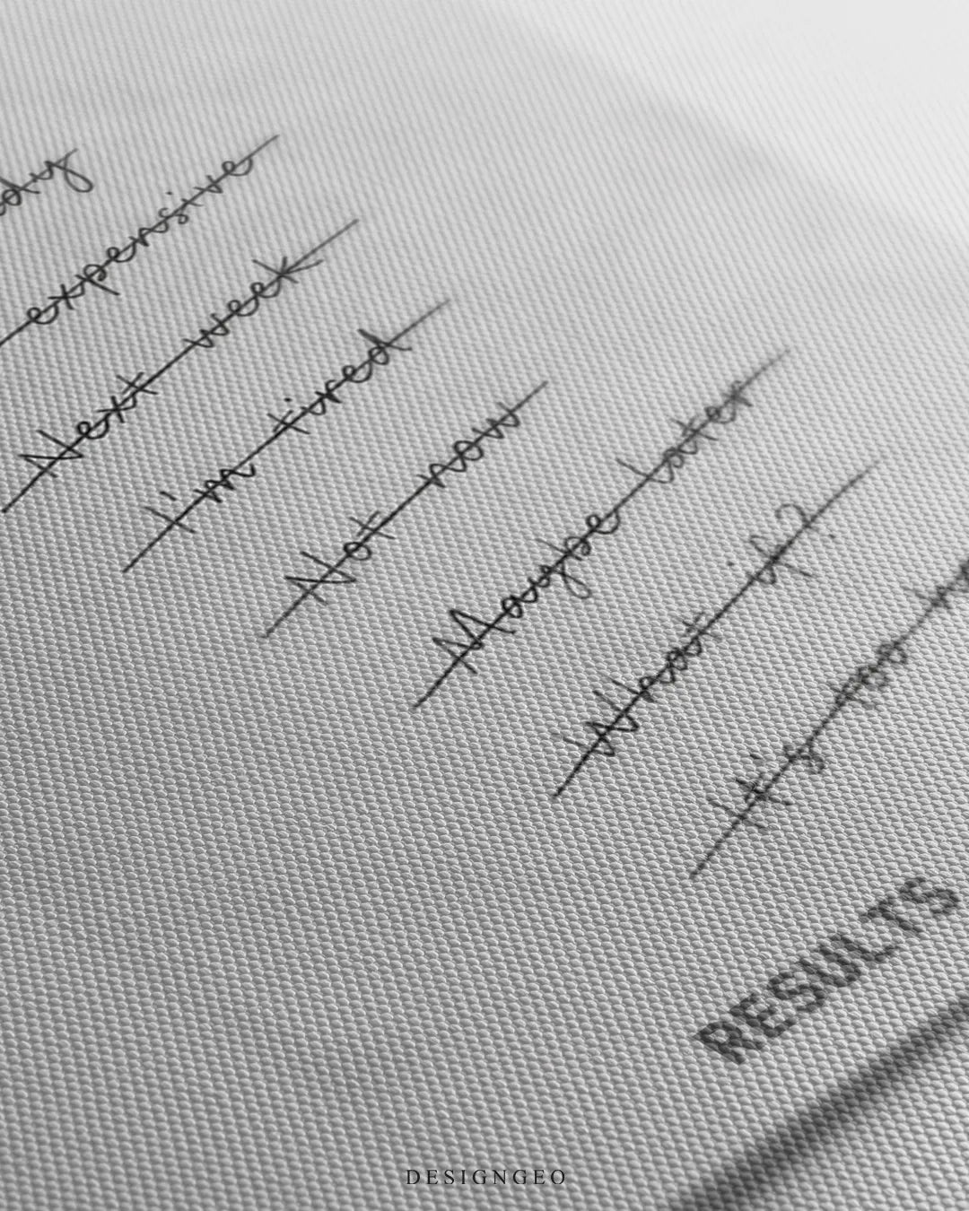 Detailed close up view of fine woven white canvas print with handwritten crossed out excuses list and Results Not Excuses quote