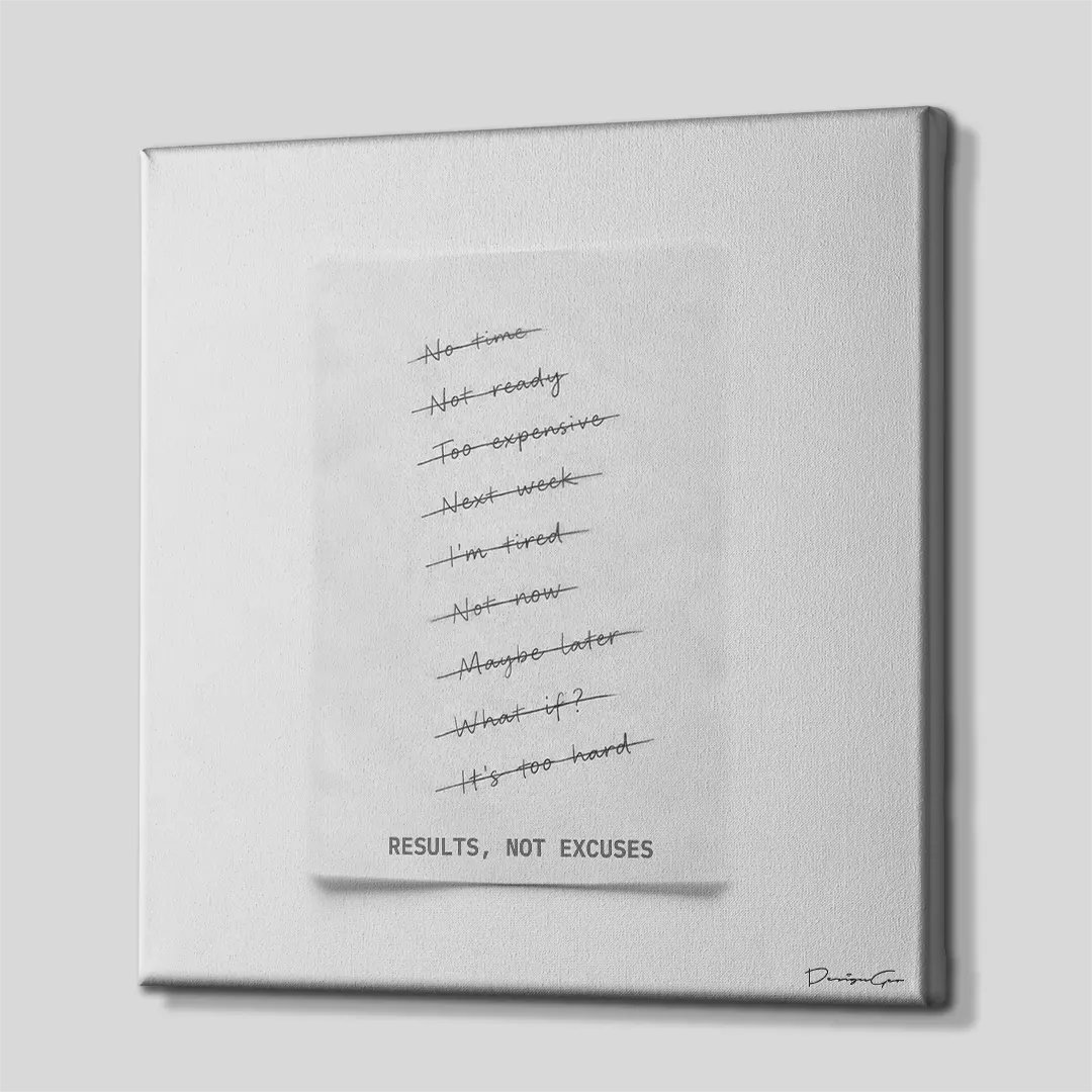Side perspective view of black and white square canvas art featuring crossed out excuses typography list with white gallery wrapped edge 0.75 inch thin wrap