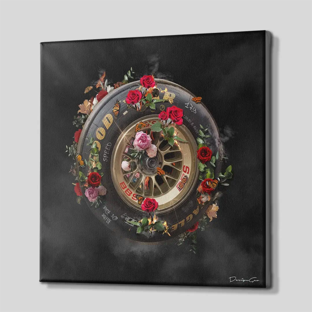 Side angle of the burning wheel and flowers canvas print, highlighting the professional gallery wrap finish and the 3D depth of the wooden frame