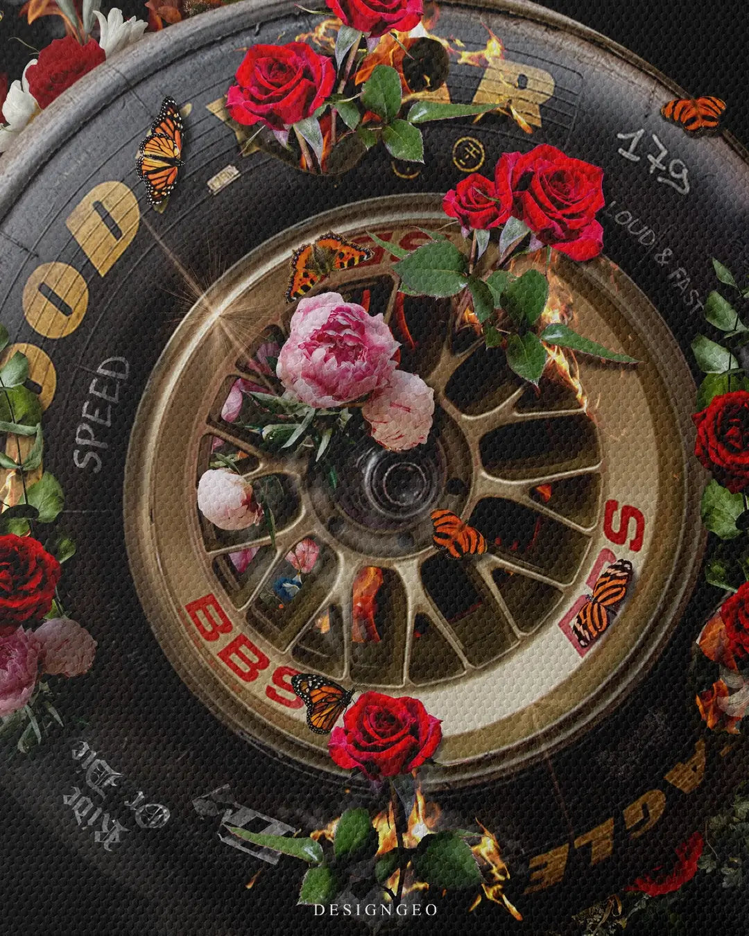 Artistic illustration on canvas of a racing tire surrounded by fire, swirling smoke, and blooming roses, symbolizing the balance between power and beauty