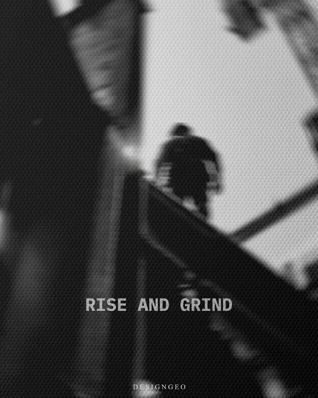 Close up macro texture view of Rise And Grind quote printed on fine woven square canvas wall art above steel beam structure 0.75 inch thin wrap