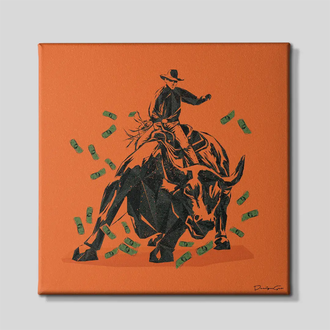 Front view of "Rodeo" square canvas wall art featuring a black stencil illustration of a cowboy riding the Wall Street bull, surrounded by falling dollar bills on a vibrant orange background