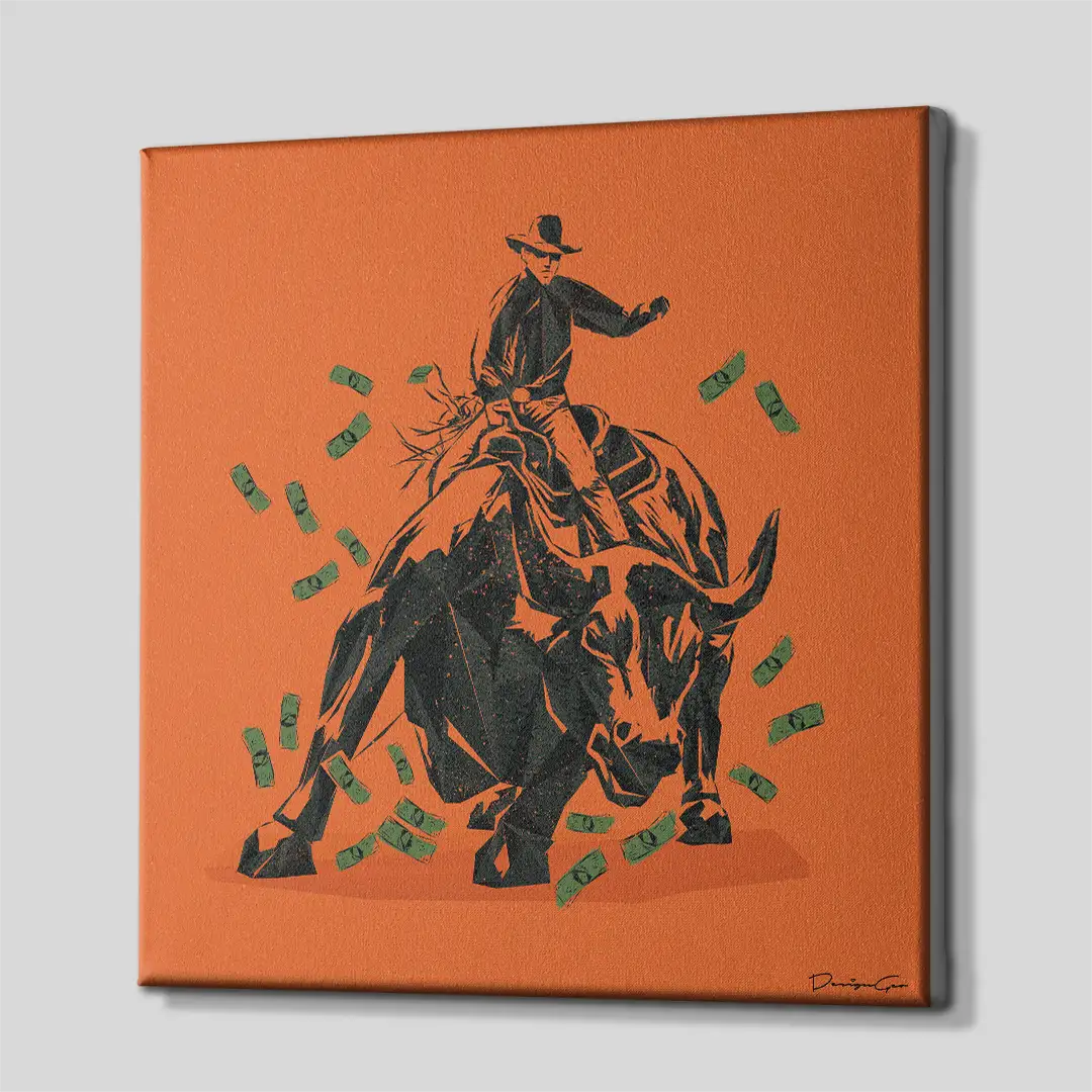 Side perspective of the modern Wall Street bull square canvas print, highlighting the neat gallery wrap edges and premium three-dimensional wooden frame depth