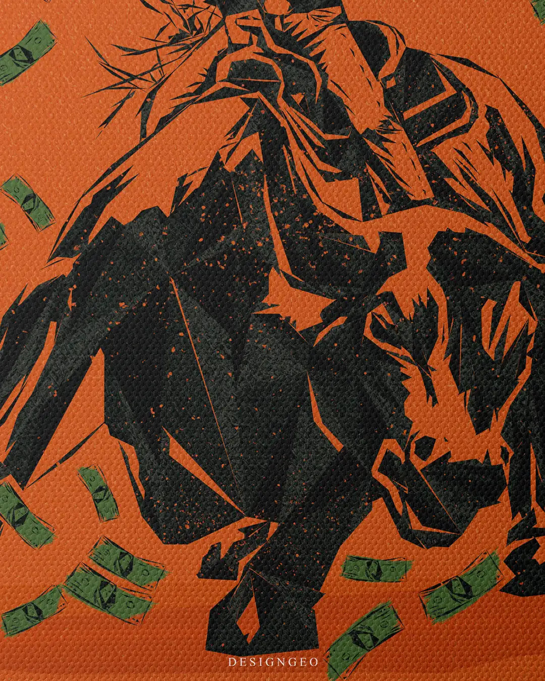 Close-up of the textured canvas print focusing on the sharp black stencil details of the Charging Bull, showing the fine woven grain and falling green money illustrations