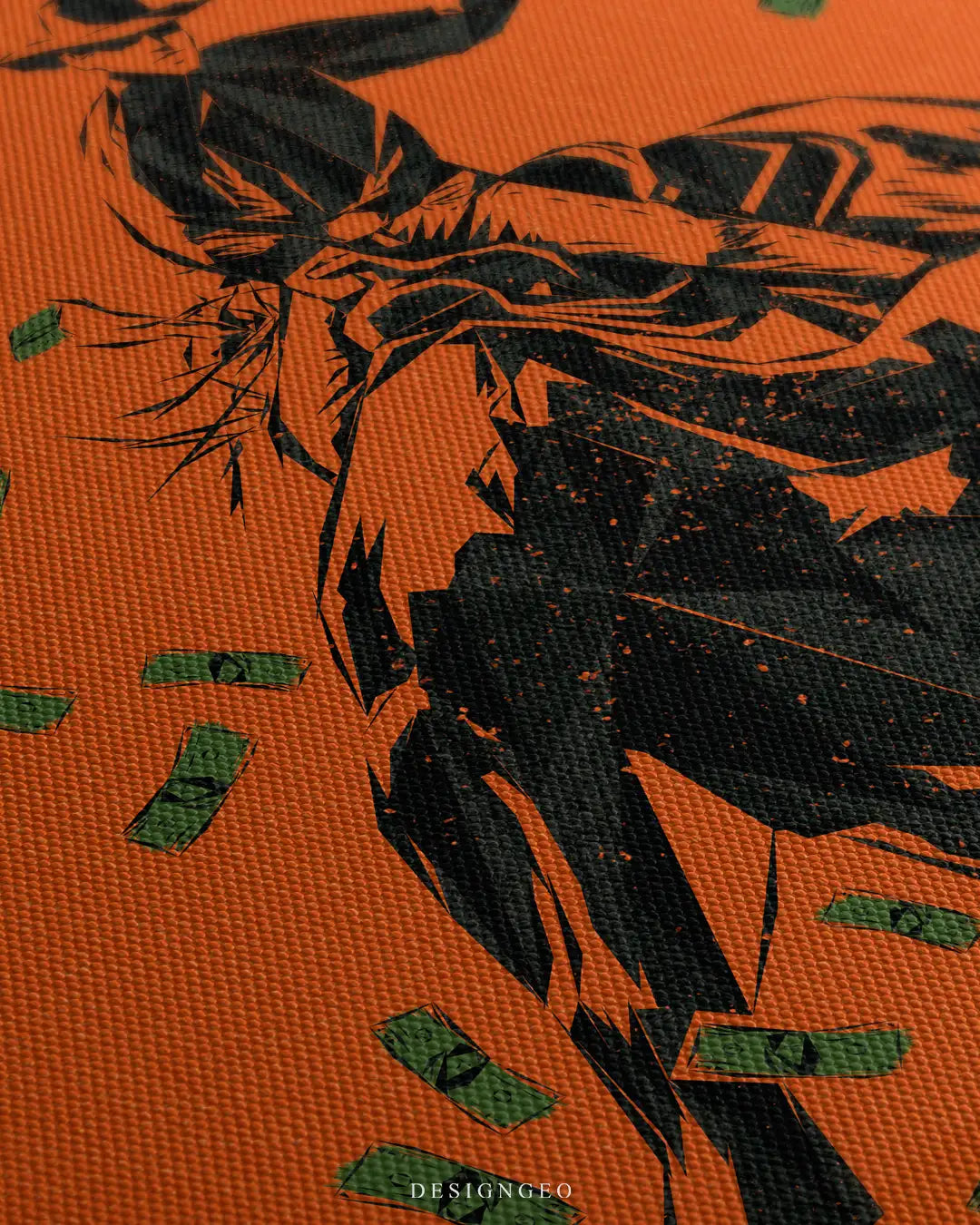 Angled macro view of the premium orange canvas texture, showcasing the sharp black ink detailing of the cowboy figure and individual falling green bills