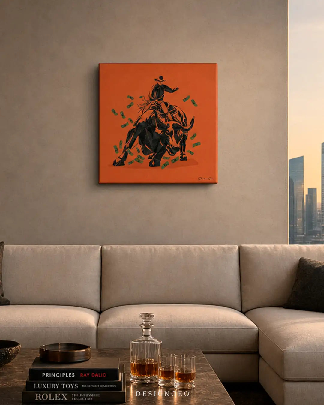 Modern executive office interior with the orange Wall Street bull canvas art hanging above a luxury beige sofa, featuring a crystal decanter with whiskey on a marble coffee table