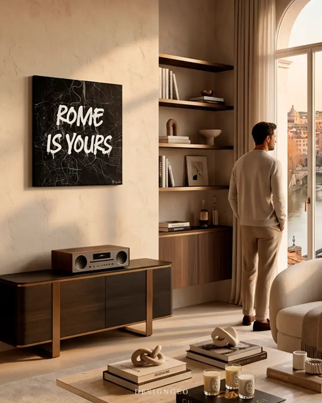 Modern interior displaying the Rome map square canvas wall art above a table, adding a sophisticated metropolitan touch to executive offices or luxury contemporary livings