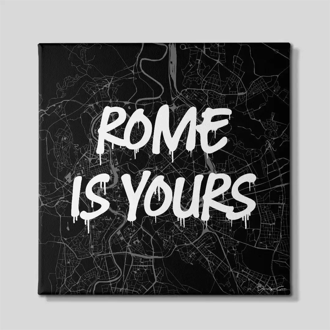 Front view of the Rome is Yours square city map canvas print, a premium motivational wall art piece tailored for contemporary corporate settings, business lounges, and travel enthusiasts