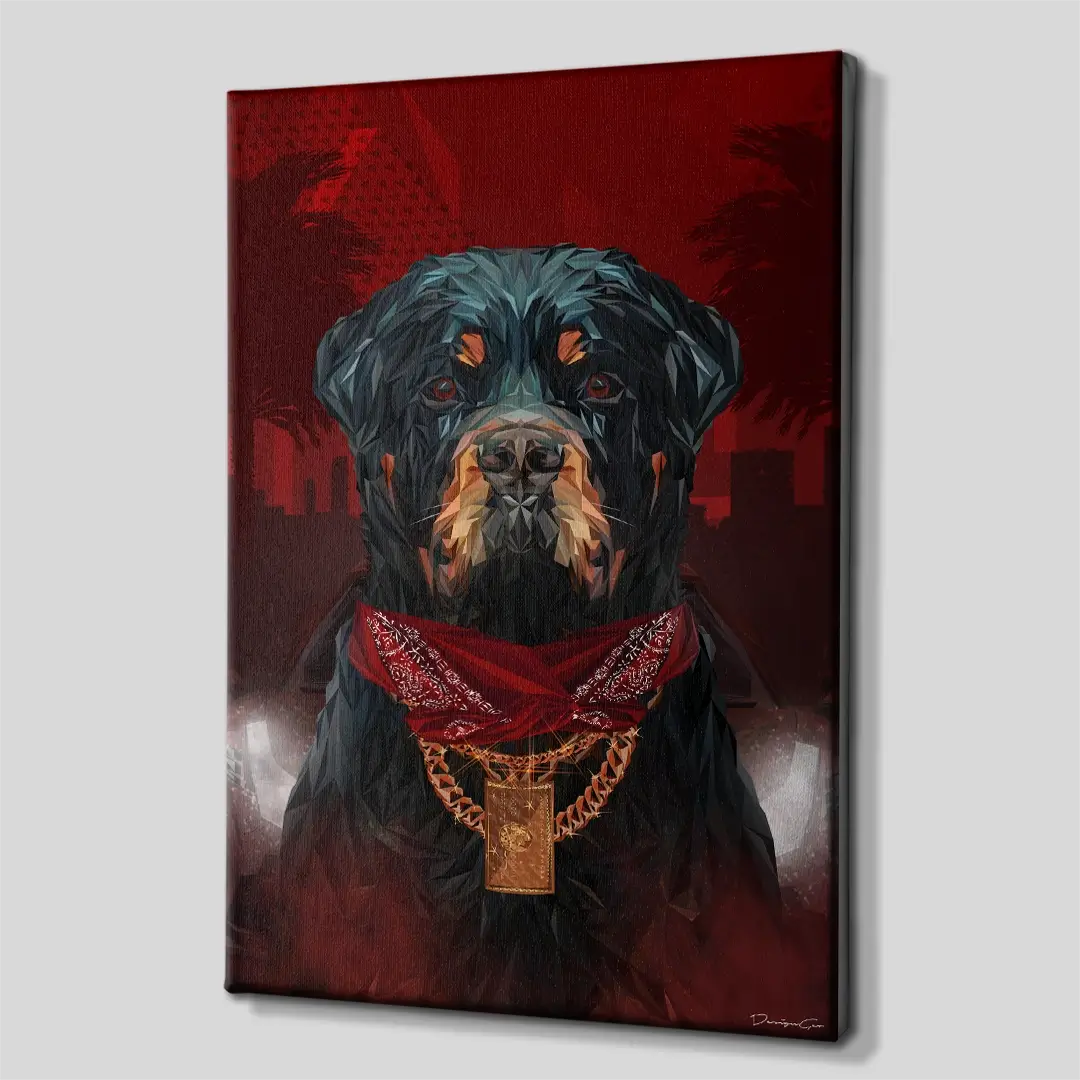 Side angle of the Rottweiler street art style canvas print, highlighting the high-quality gallery wrap finish and professional 3D frame depth