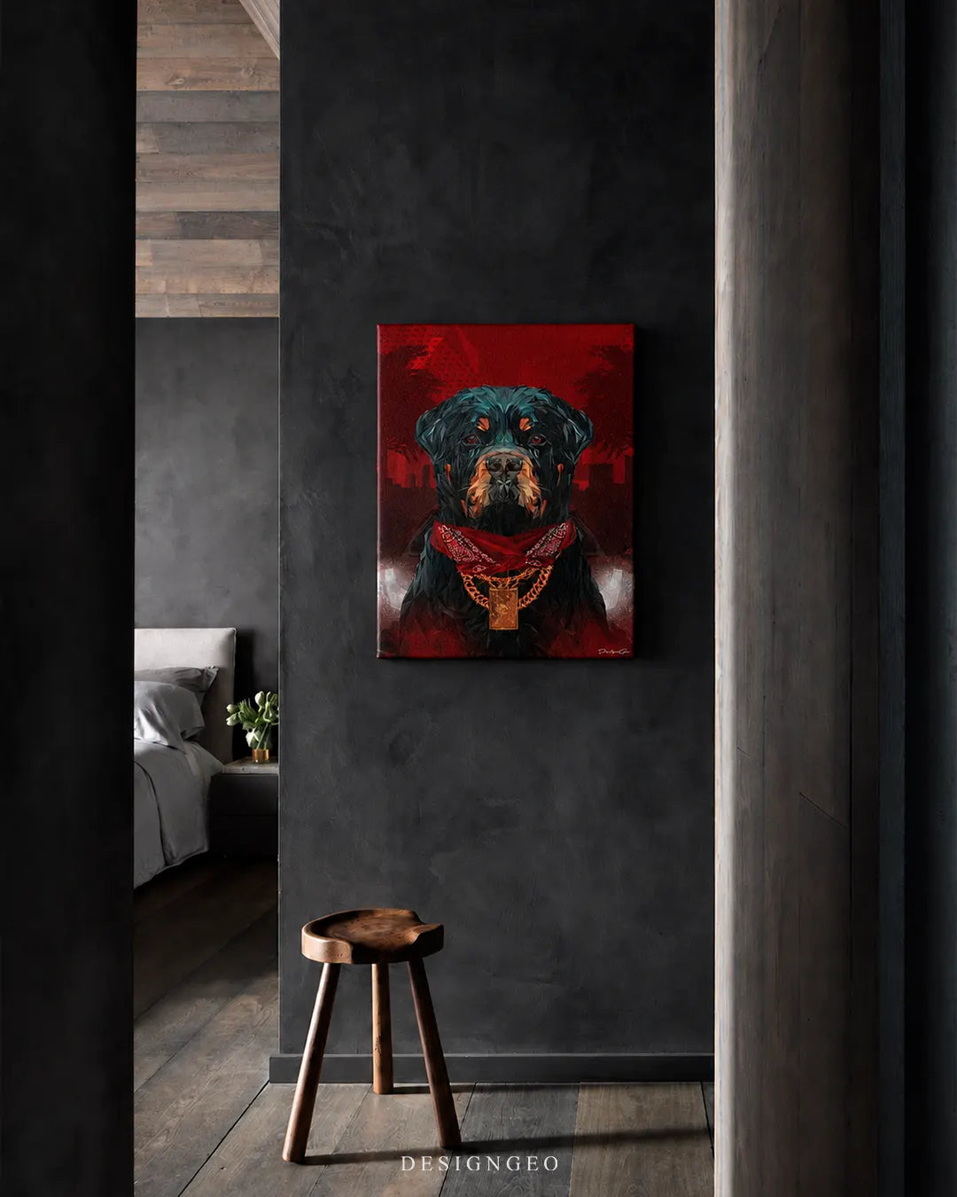Vertical Rottweiler portrait canvas wall art mounted on a dark charcoal concrete wall in a modern minimalist home near a wooden stool and bedroom view