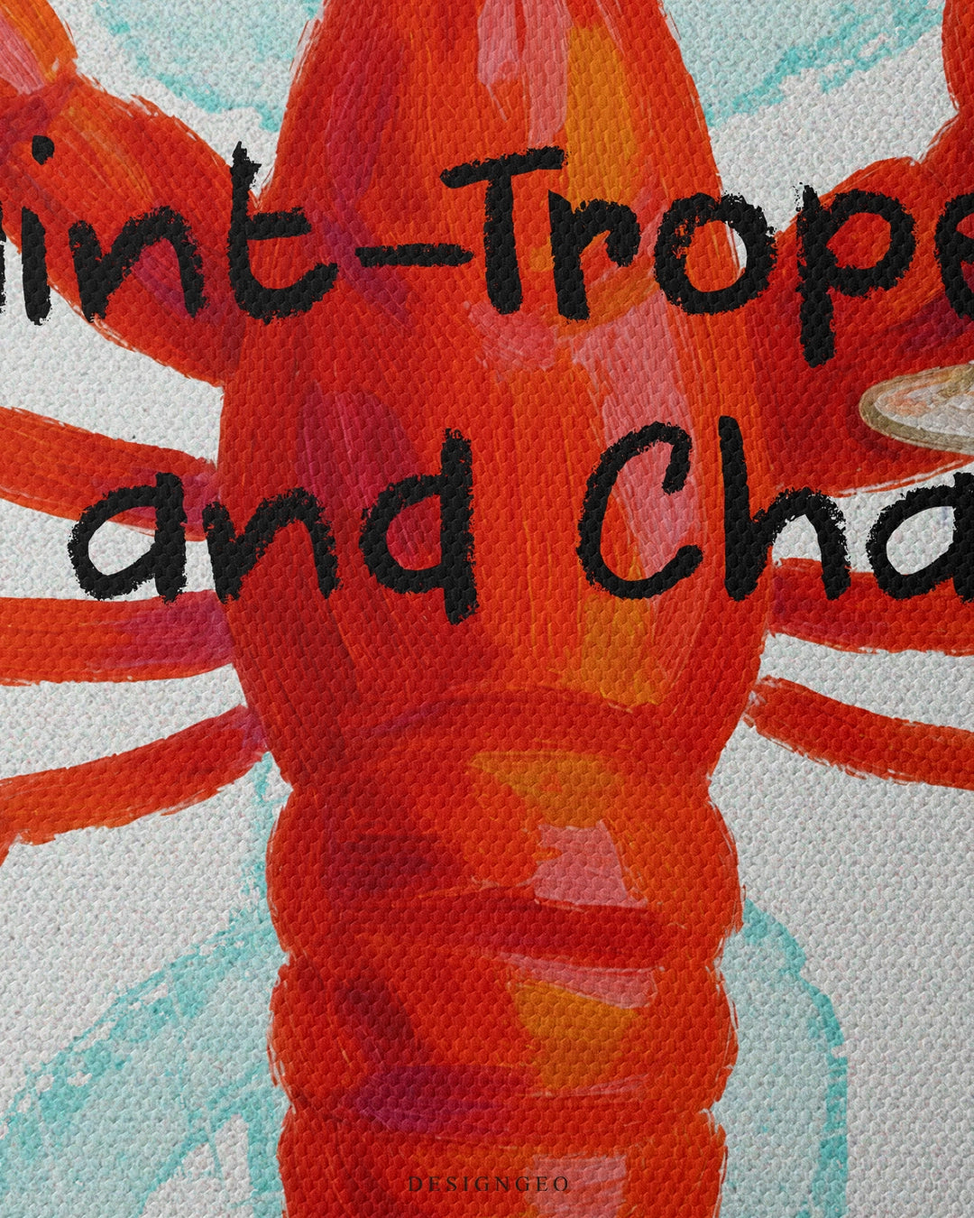 Close-up view of the red lobster and champagne canvas design, demonstrating the detailed woven canvas texture and vibrant contrast between red, black, and turquoise tones