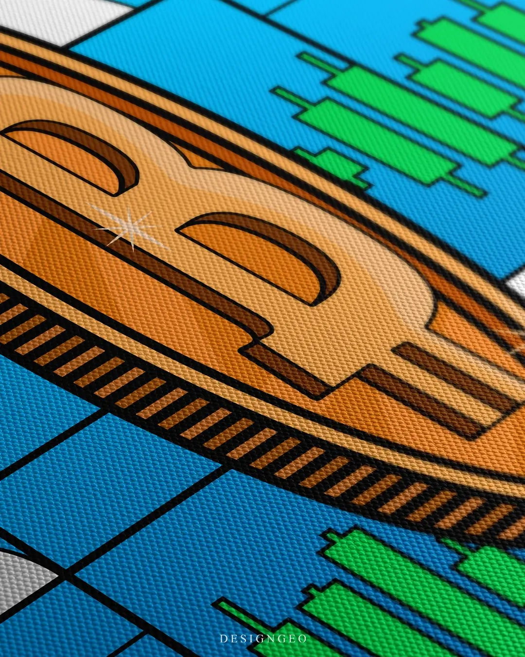 Close-up of motivational crypto wall art featuring a golden Satoshi Bitcoin coin with green trading charts and a blue sky background, symbolizing market growth