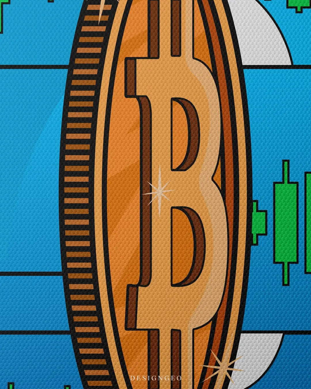 Artistic canvas illustration of a golden Bitcoin coin floating among clouds and rising green candles, representing the "To the Moon" crypto sentiment in a vibrant pop art style