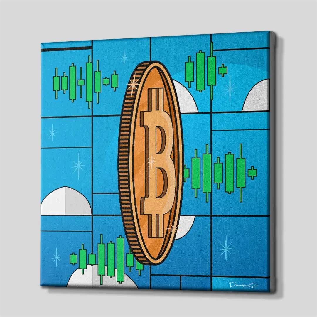 Side angle of the Bitcoin and green chart canvas print, highlighting the high-quality gallery wrap finish and the professional 3D frame depth