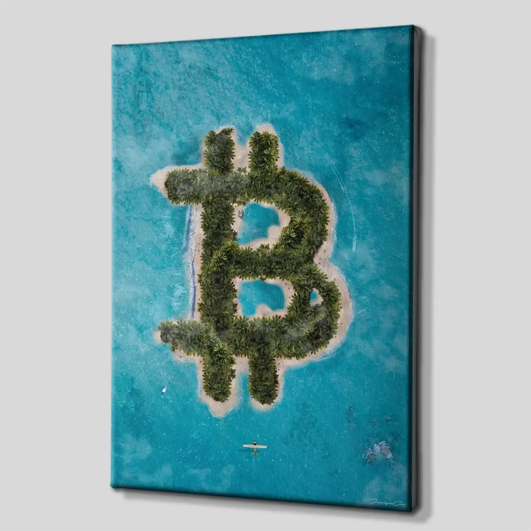 Side angle of the Bitcoin island canvas wall art, highlighting the professional gallery wrap finish and the 3D depth of the square frame
