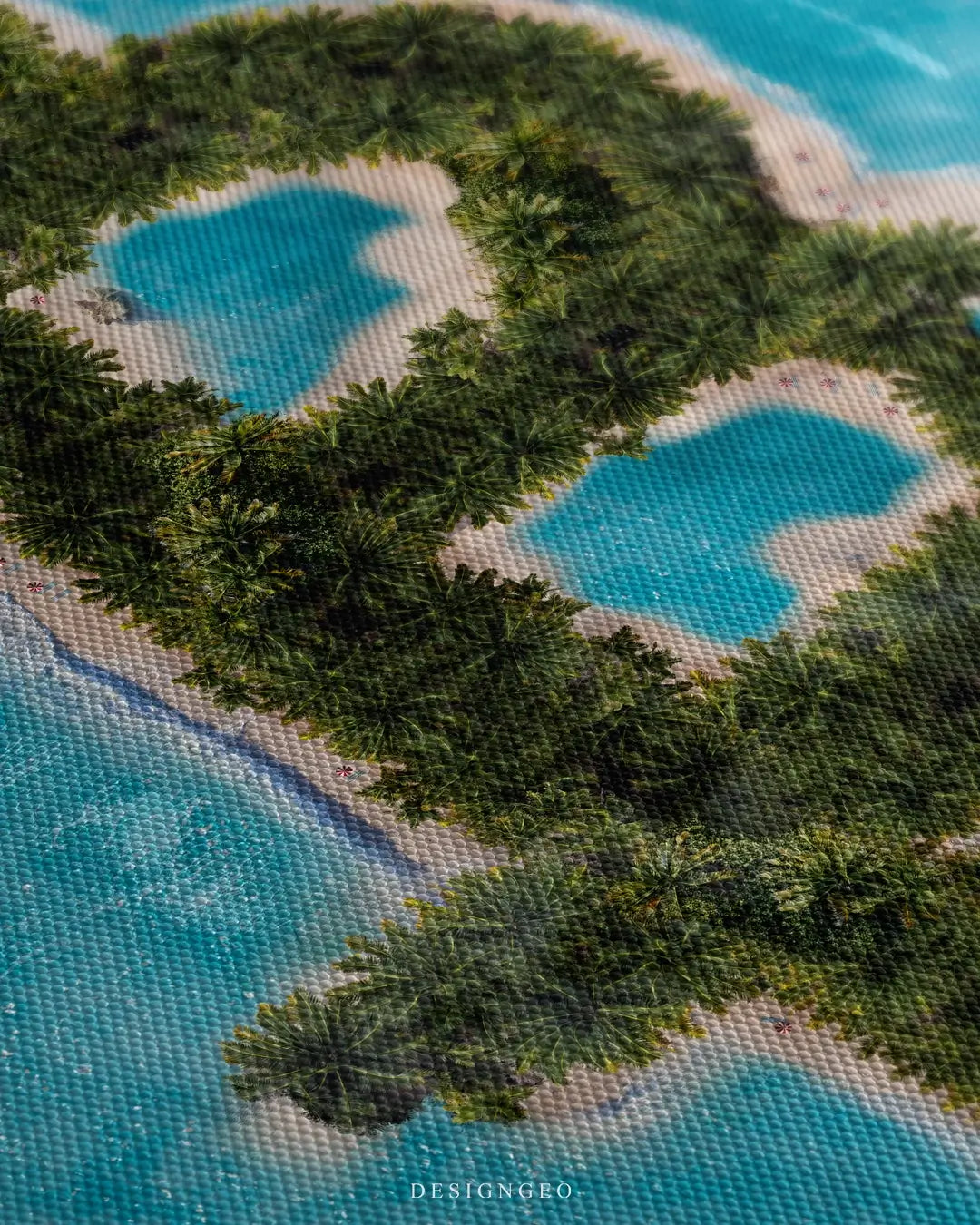 Close-up of Bitcoin island canvas art showing detailed tropical palm trees, white sand beaches, and crystal clear turquoise water textures