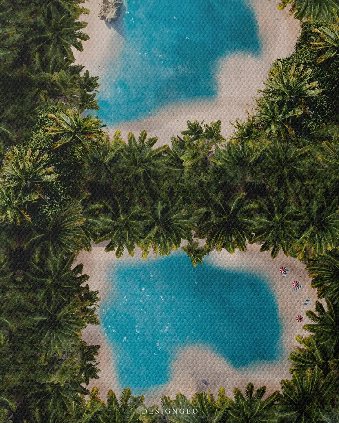 Aerial view illustration of a tropical island shaped like the Bitcoin symbol (BTC) in the middle of a vibrant blue ocean, representing crypto wealth