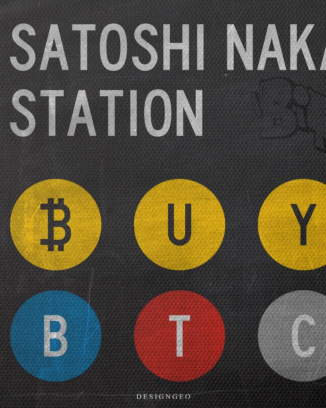 Artistic canvas illustration of a New York City subway station entrance sign customized with Bitcoin references, symbolizing the integration of crypto into daily urban life