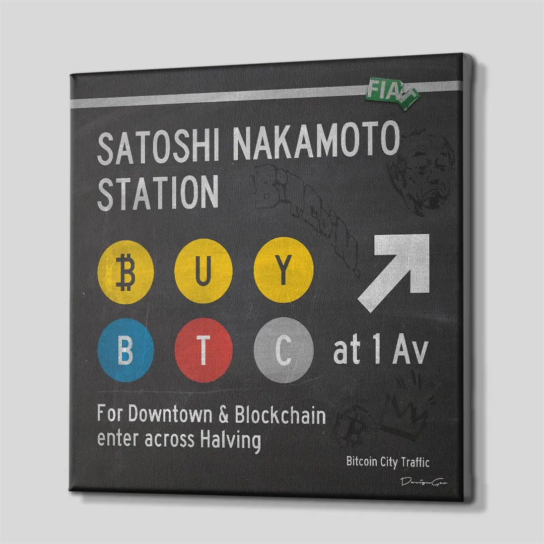 Side angle of the NYC subway Bitcoin canvas print, highlighting the high-quality gallery wrap finish and the professional 3D depth of the wooden frame