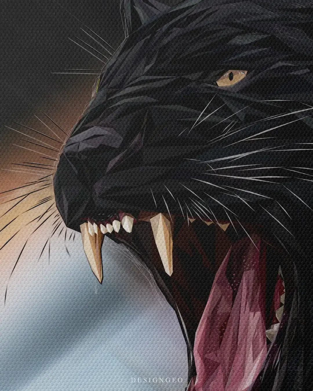 Macro close-up of geometric wild animal wall art showing the sharp teeth, detailed open mouth, and complex low-poly polygon texture of a roaring black panther canvas