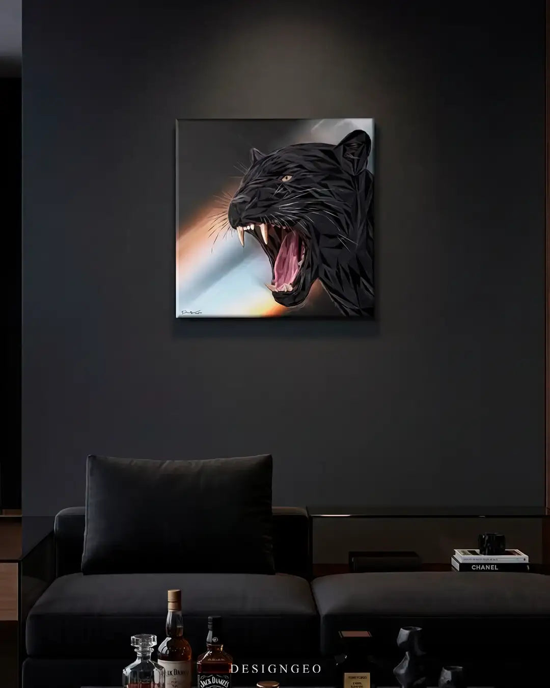 Moody modern living room interior featuring the geometric black panther square canvas print on a dark minimalist wall above a luxury black leather sofa