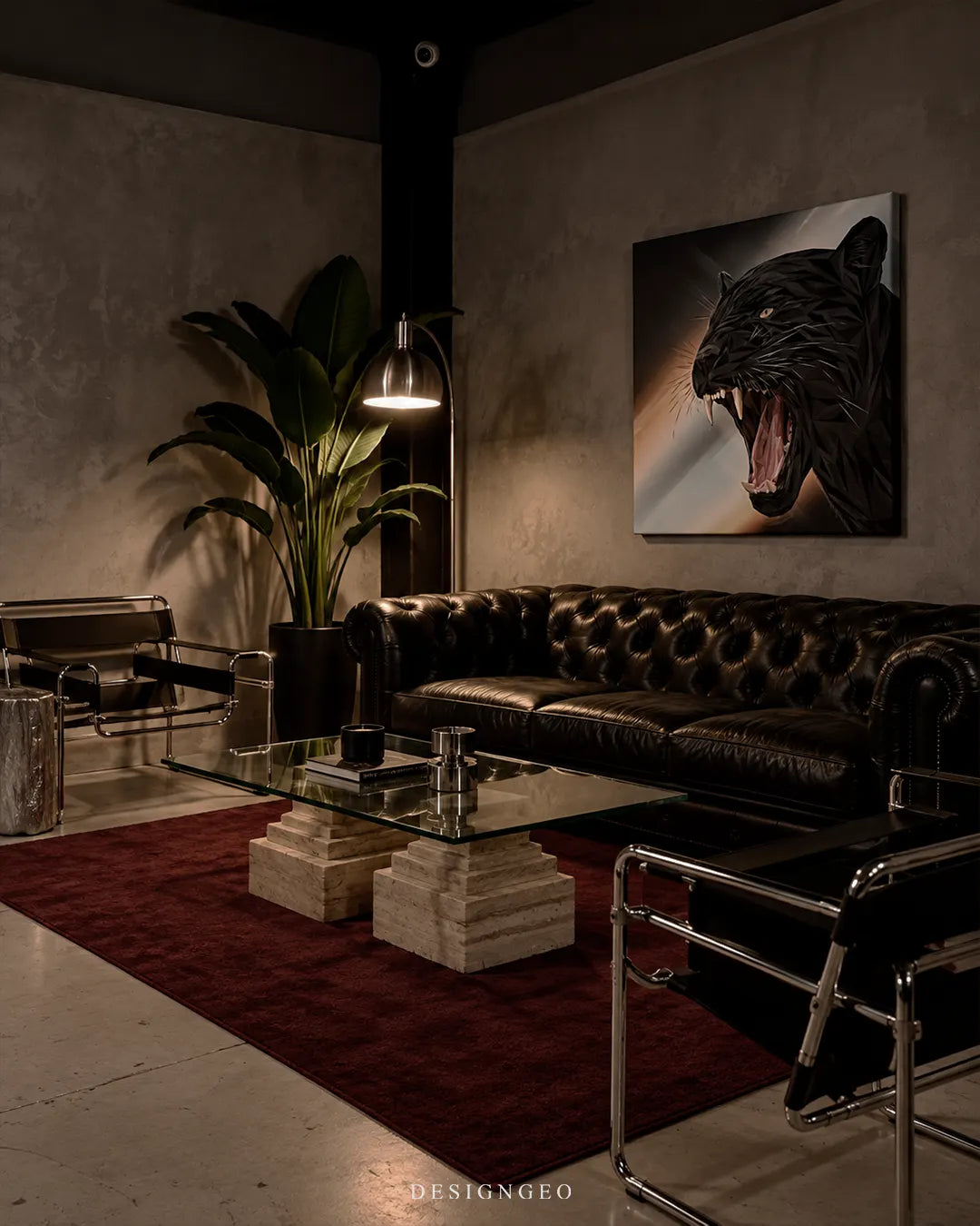 Savage Elegance roaring black panther square canvas wall art mounted on wall in luxury living room above black leather sofa 0.75 inch thin wrap
