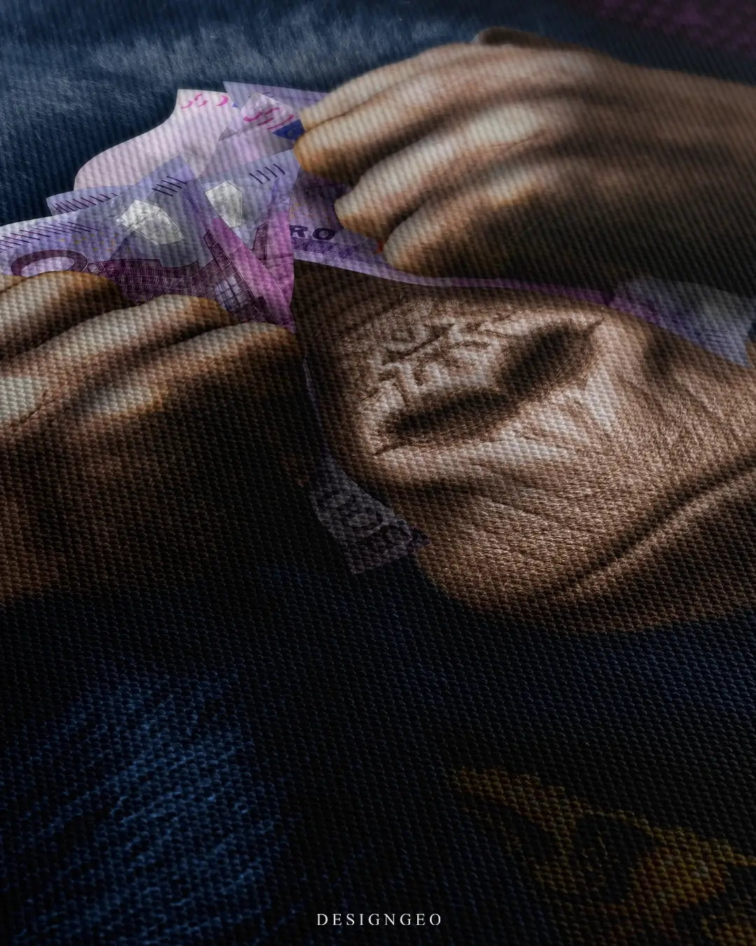 Close-up of motivational wall art featuring a primate covering its eyes with Euro bills on a solid black background, symbolizing financial focus and wealth