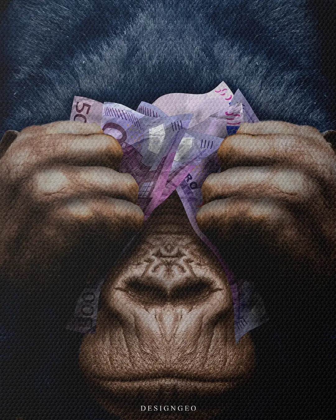 Artistic canvas illustration of a "See No Evil" monkey using Euro banknotes, blending animal portraiture with a powerful message of success and prosperity