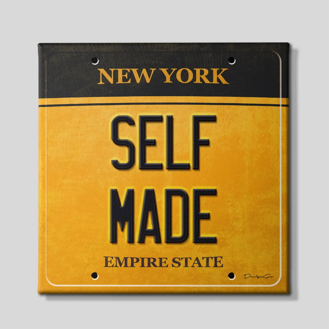 Front view of a square canvas print designed as a vintage yellow and black New York license plate featuring bold SELF MADE lettering and EMPIRE STATE slogan