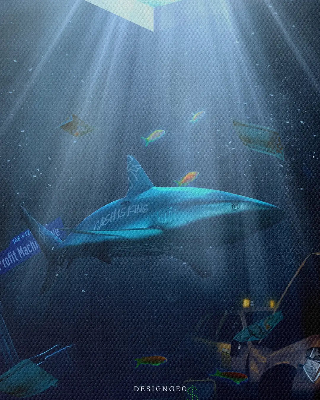 Artistic canvas illustration of a shark patrolling the depths of a submerged Manhattan, symbolizing corporate ambition, power, and survival of the fittest