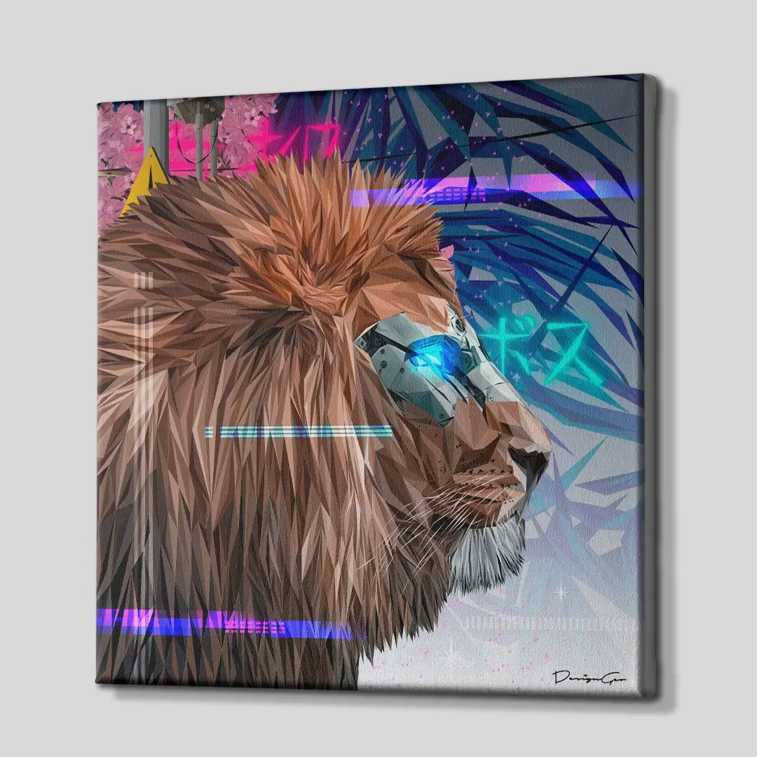 Side angle of the cyberpunk lion king pop art canvas print, highlighting the high-quality gallery wrap finish and the professional 3D frame depth