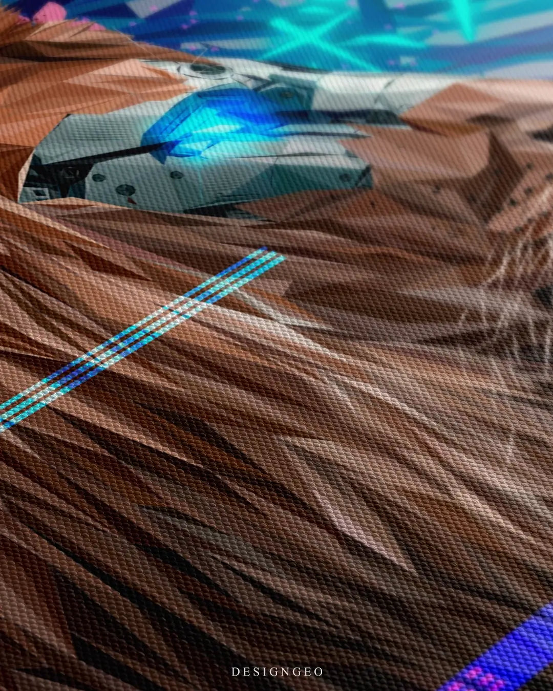 Close-up of a futuristic lion portrait featuring cybernetic enhancements, glowing neon blue lines, and a high-tech sci-fi aesthetic on a neon background