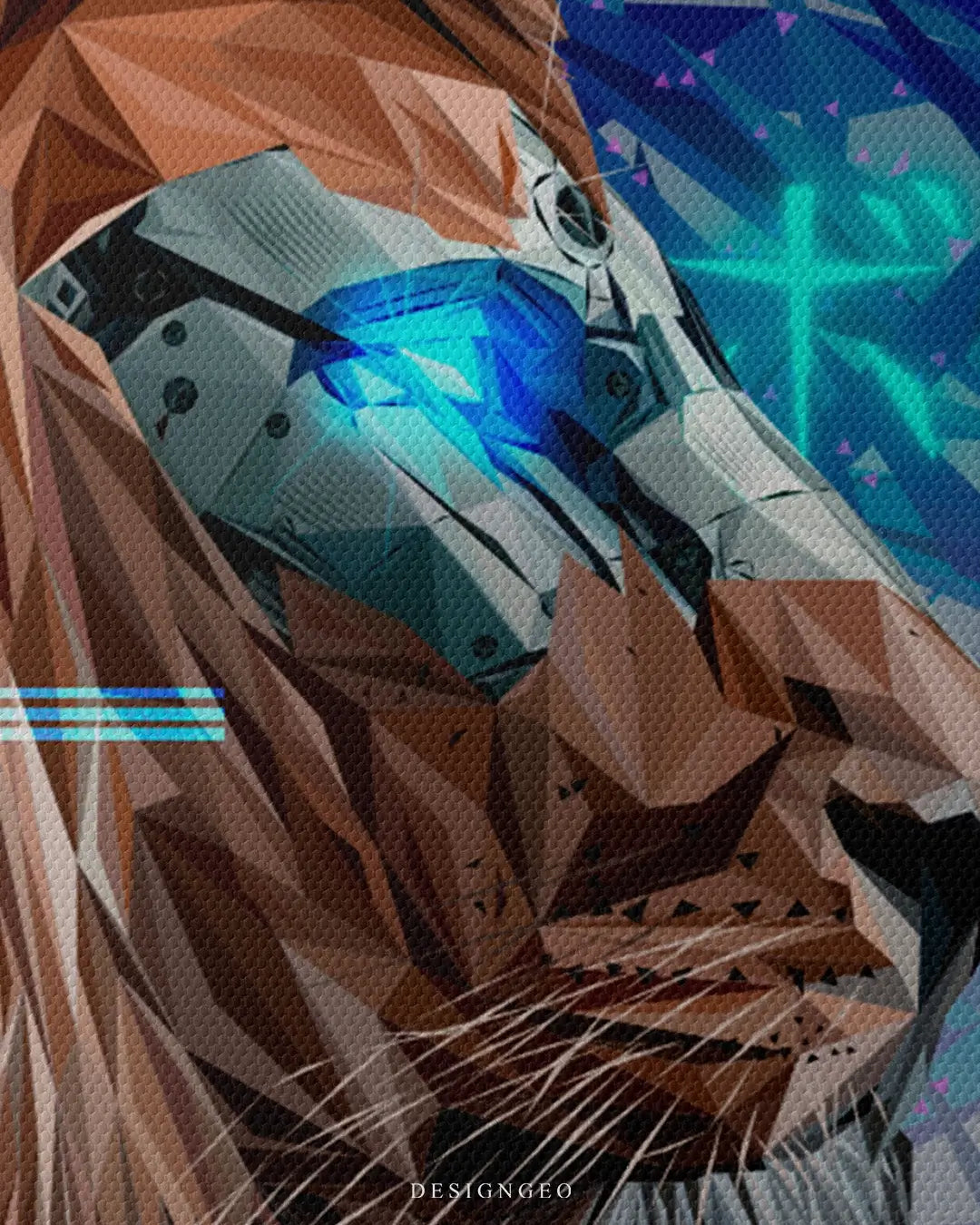 Artistic canvas illustration of a robotic lion head with neon light accents, symbolizing the fusion of nature and advanced technology in a modern pop art style