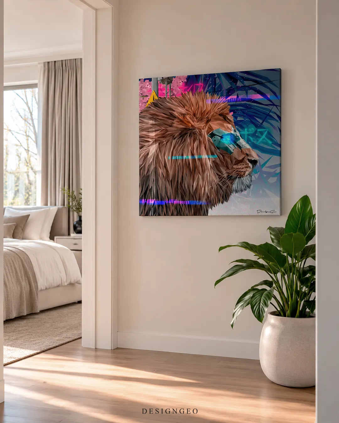 Shishi Machina cyberpunk Japanese lion pop art square canvas wall art mounted on hallway wall next to bedroom 0.75 inch thin wrap