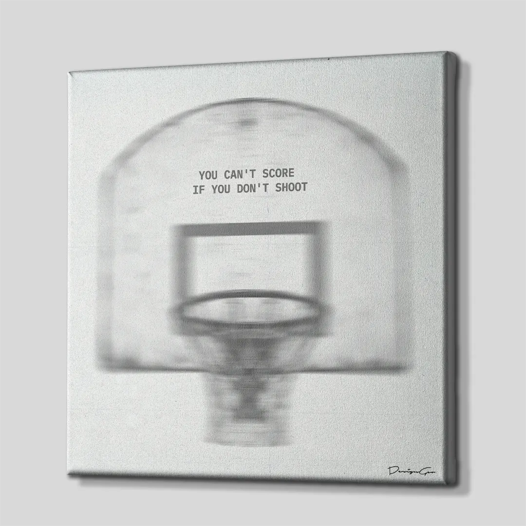 Side angle view of square canvas wall art showing stretched edges and basketball hoop motivational quote artwork isolated on light grey background
