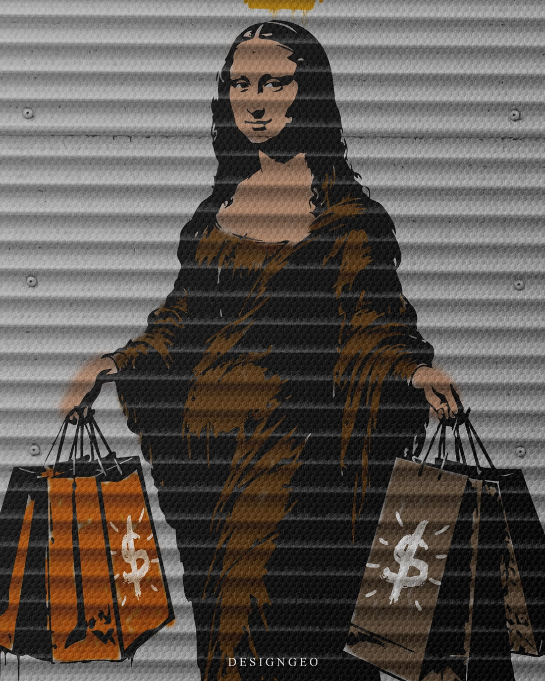 Close-up of "Shopping Queen" street art canvas featuring a black stencil graffiti of Mona Lisa with a gold crown, holding shopping bags with dollar signs on a gray corrugated metal shutter background