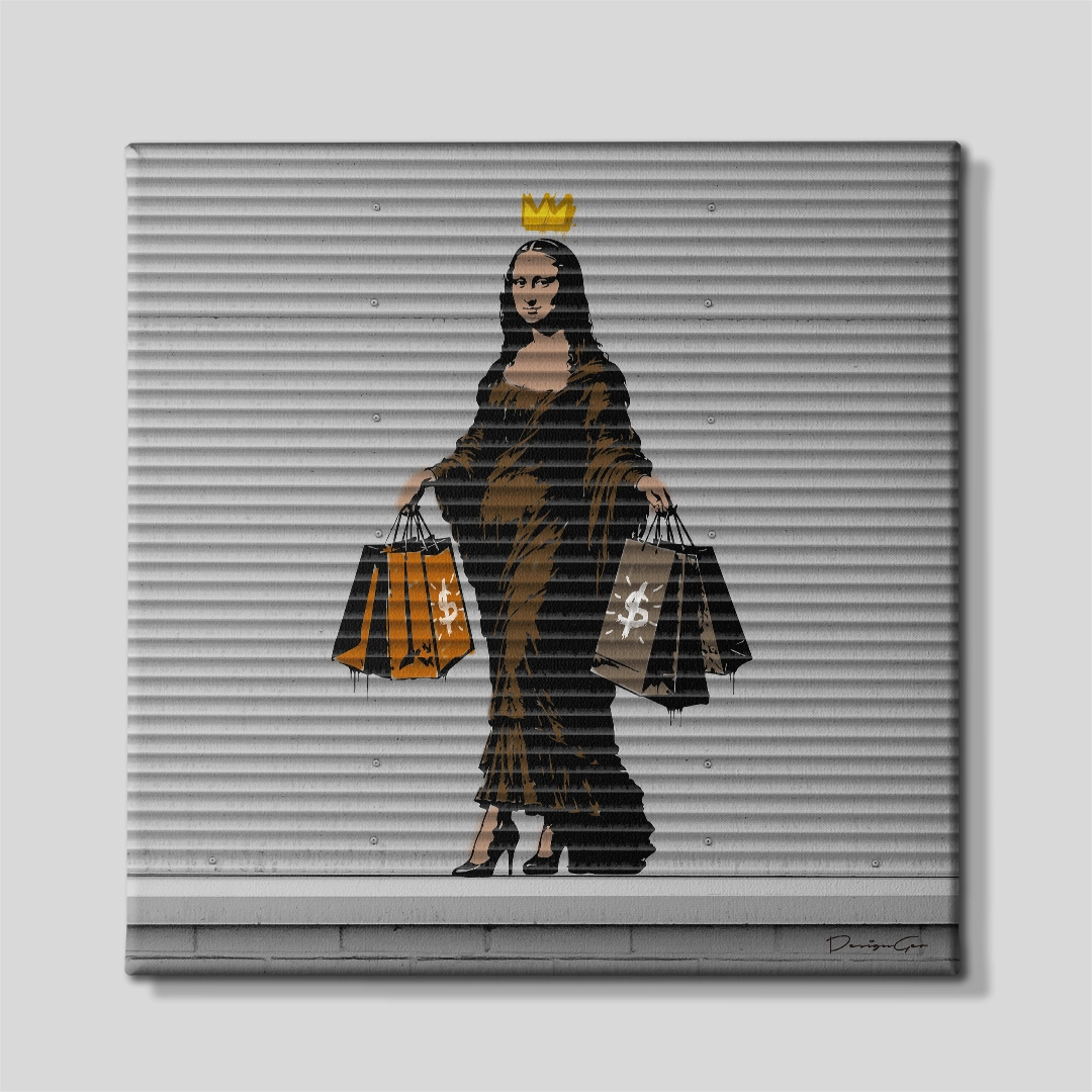 Front view of the square "Shopping Queen" canvas wall art, depicting a street art style Mona Lisa holding shopping bags on a realistic corrugated metal roll-up door background, perfect for modern office decor