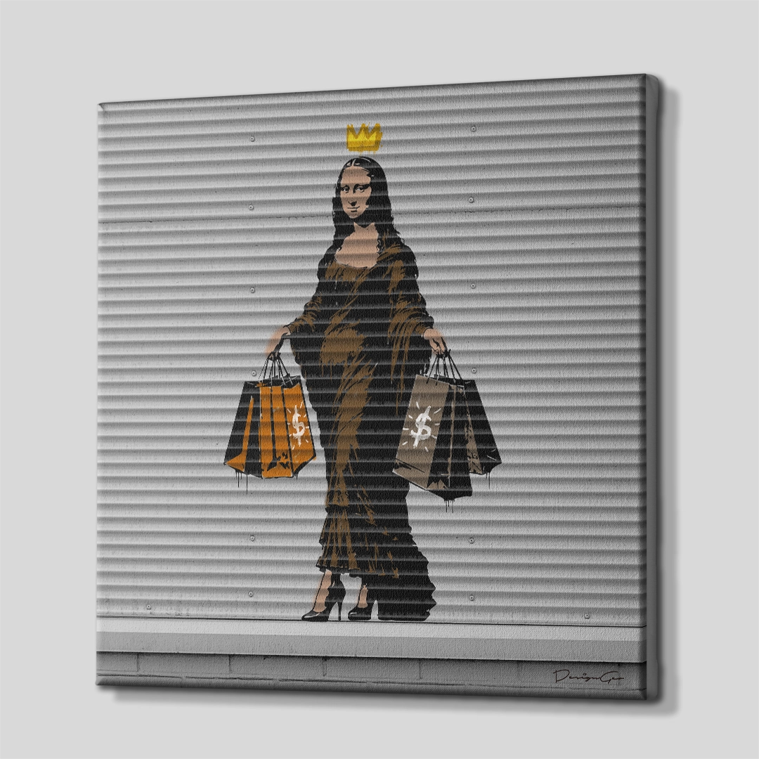 Three-quarter side angle of the square Mona Lisa graffiti canvas print, showing the seamless gallery wrap edges and the solid depth of the premium wooden stretcher bars against a gray background