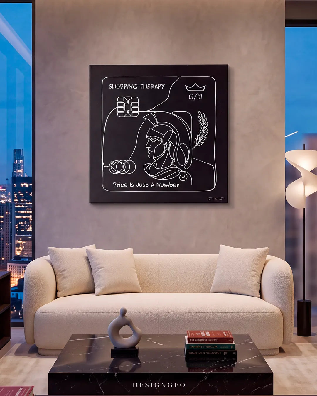 Modern luxury living room display featuring the square credit card line art canvas mounted on a gray concrete wall above a cream sofa and marble coffee table with a city view