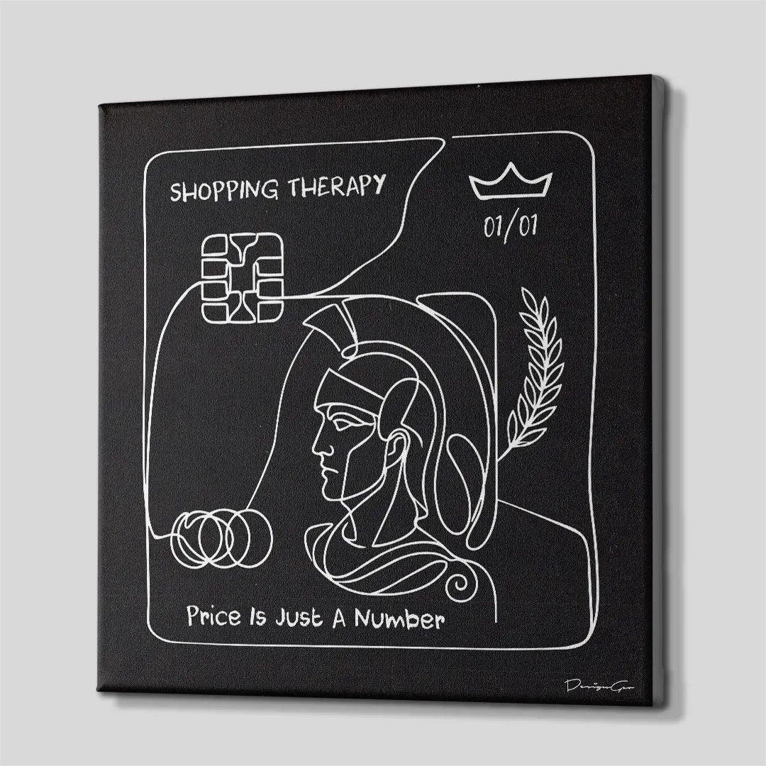 Three-quarter side angle of the square black and white credit card line art canvas print showing clean gallery-wrapped edges mounted on a wooden frame