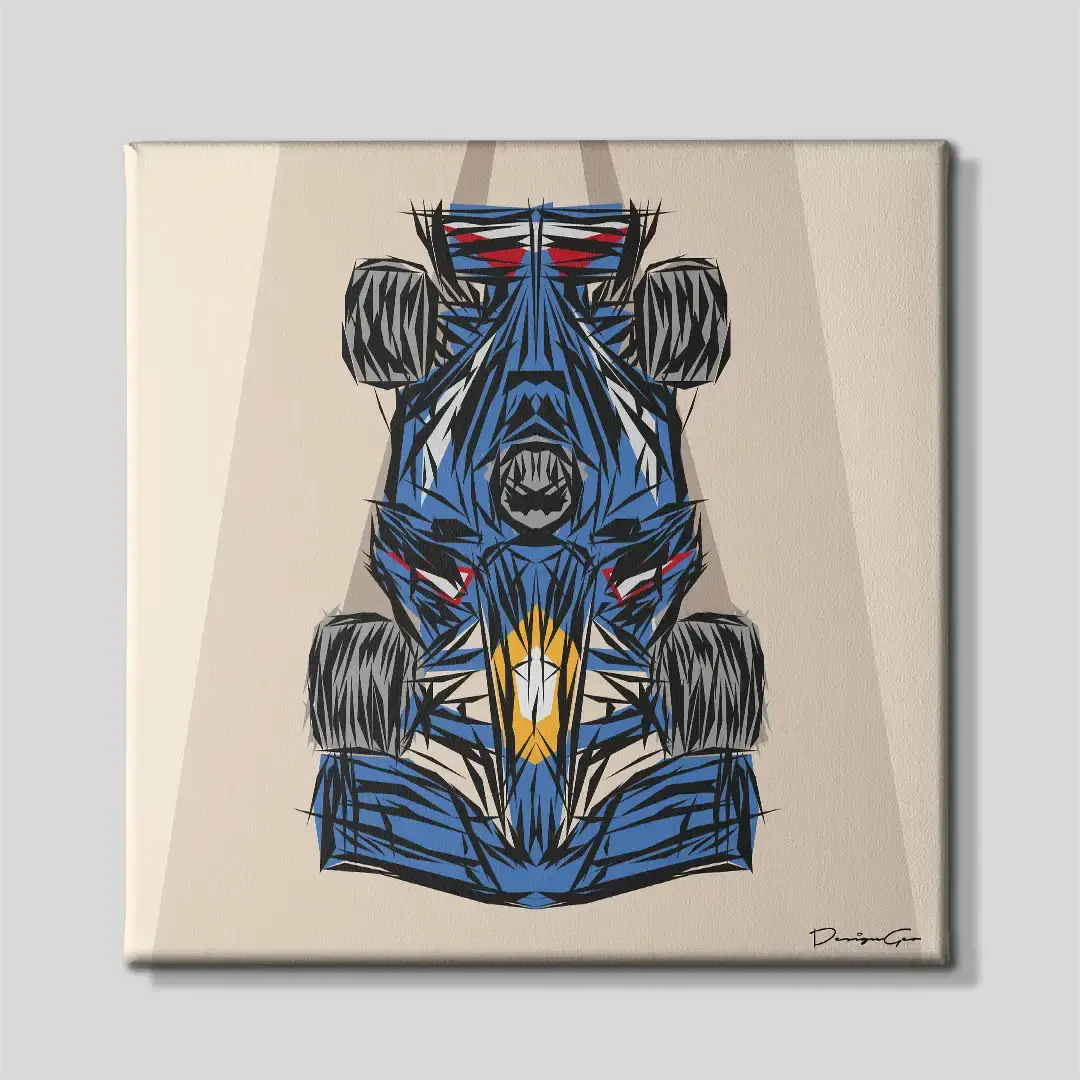 Square canvas wall art with a minimalist single-seater race car graphic, featuring modern blue and yellow tones in a technical sketch style, centered on a neutral background