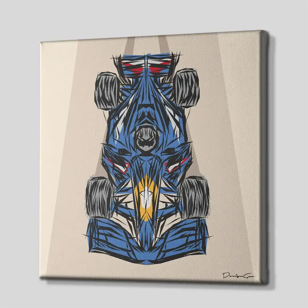 Side perspective of a square race car canvas print, displaying the gallery-wrapped edges where the geometric design continues around the wooden frame
