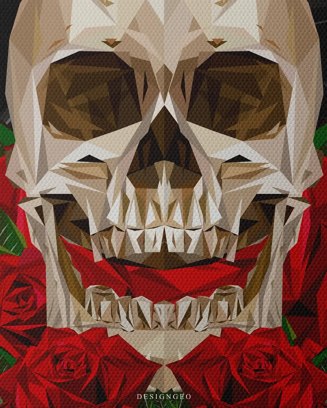 Artistic canvas illustration of a memento mori skull intertwined with deep red blooming roses, symbolizing the beauty of life and mortality against a dark backdrop