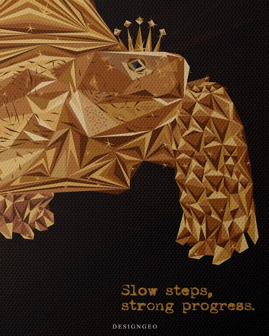 Artistic canvas illustration of a golden turtle, symbolizing persistence and long-term success, in a minimalist style with elegant gold and black tones