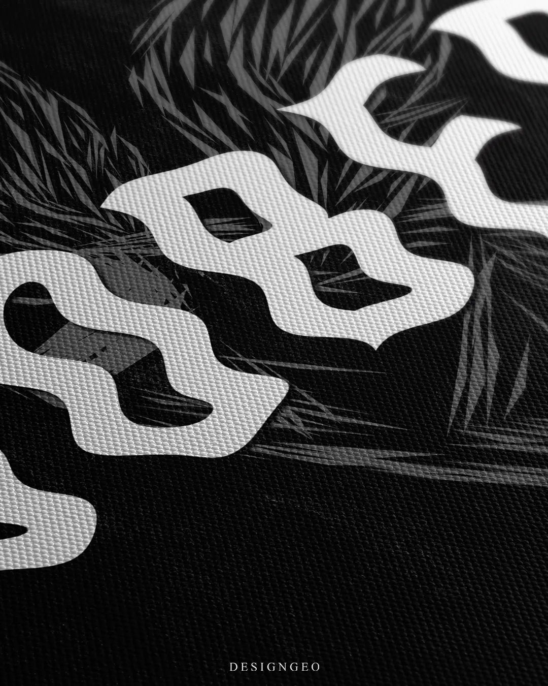 Angled close-up view of the canvas surface, highlighting the white distorted lettering reading "OBE" and the fine line-art details of the background wing illustration