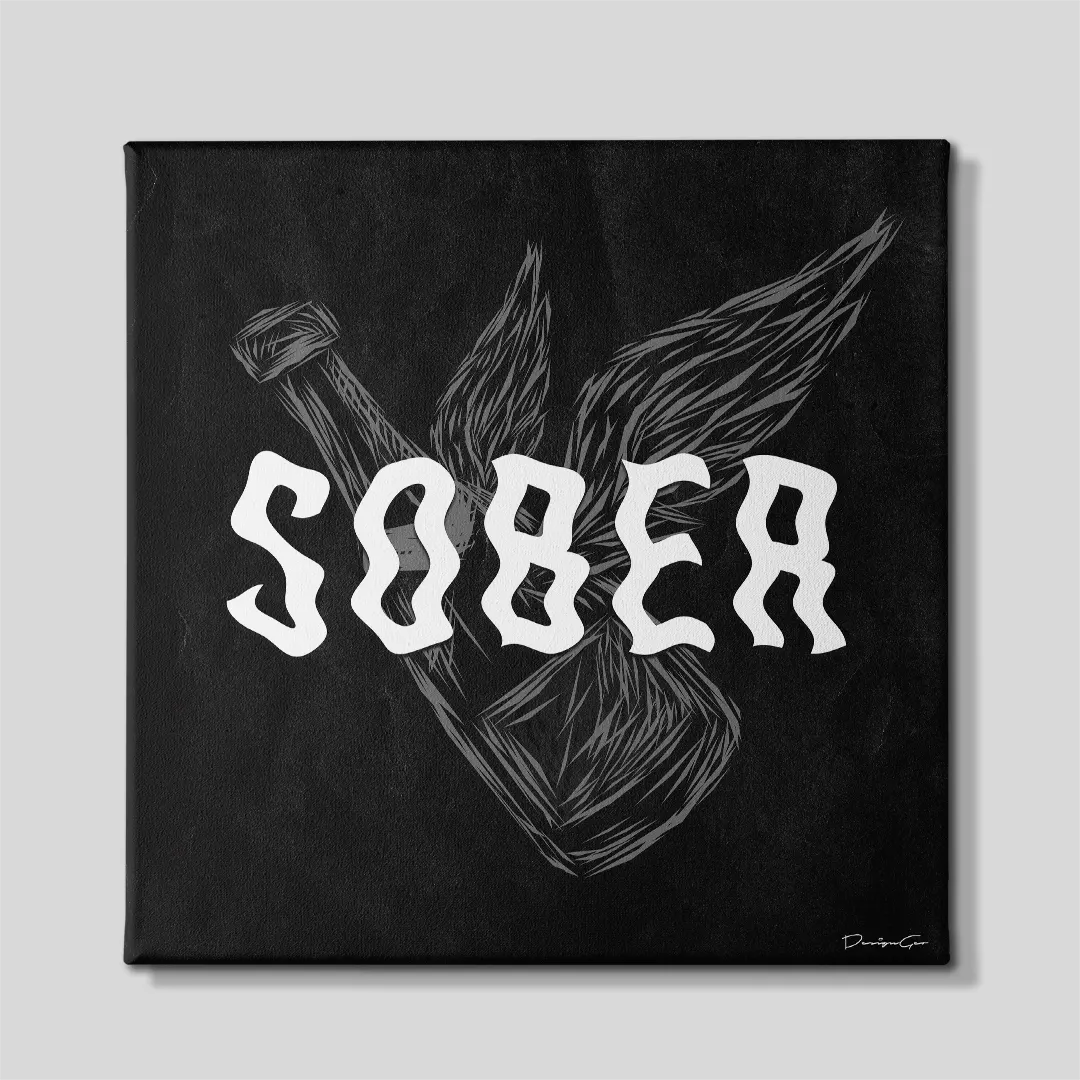 Front view of a square canvas print featuring the word "SOBER" in wavy distorted white typography over a grey sketch of a winged bottle on a textured black background
