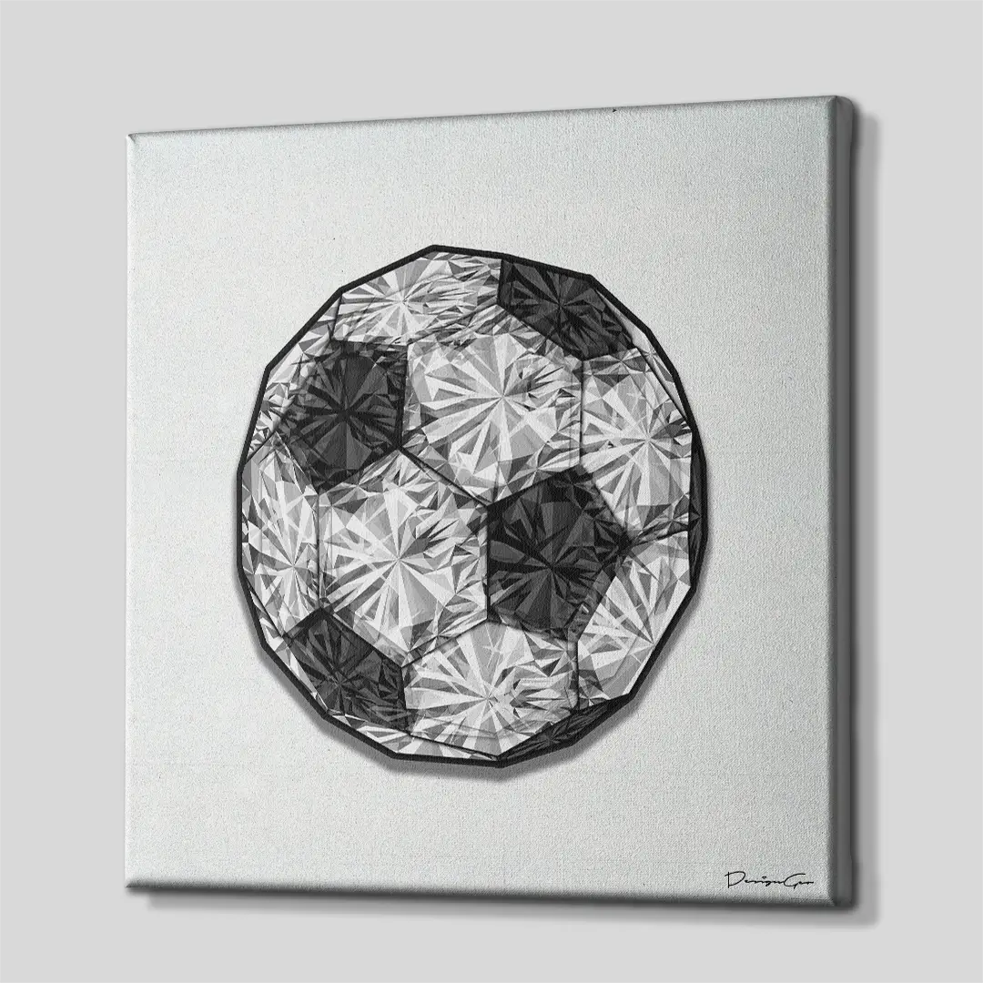 Side angle of the sparkling diamond football canvas print, highlighting the high-quality gallery wrap finish and the professional 3D frame depth