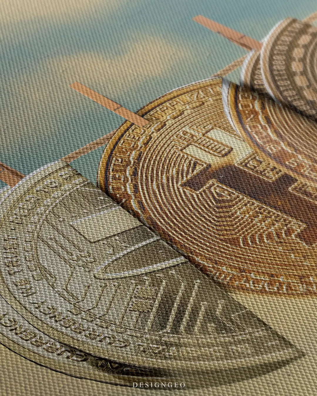 Close-up of crypto-themed wall art showing a soft rug with Bitcoin and Ethereum symbols hanging to dry, featuring realistic fabric textures and golden sunlight details
